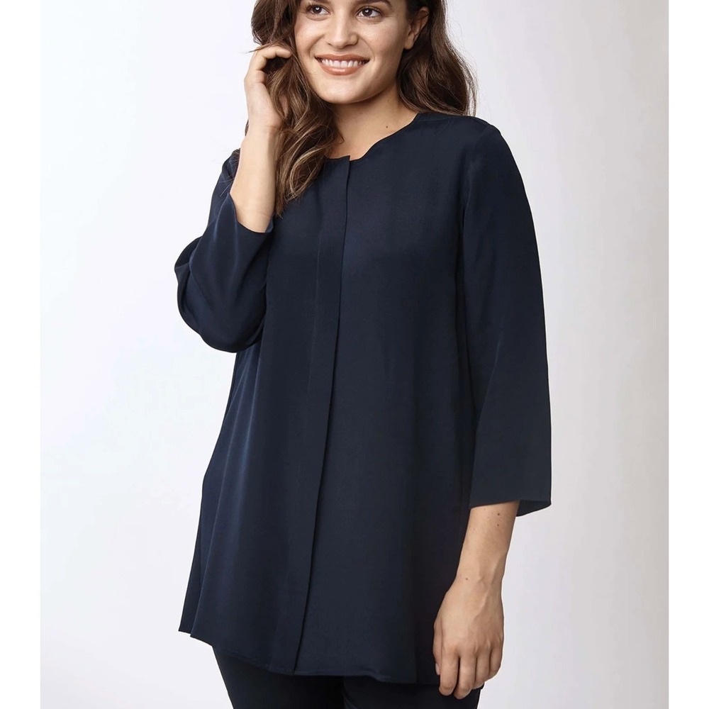 Valentina Kova Silk Blouse Top Small Blue 3/4 Sleeve Hidden Button Front Luxury